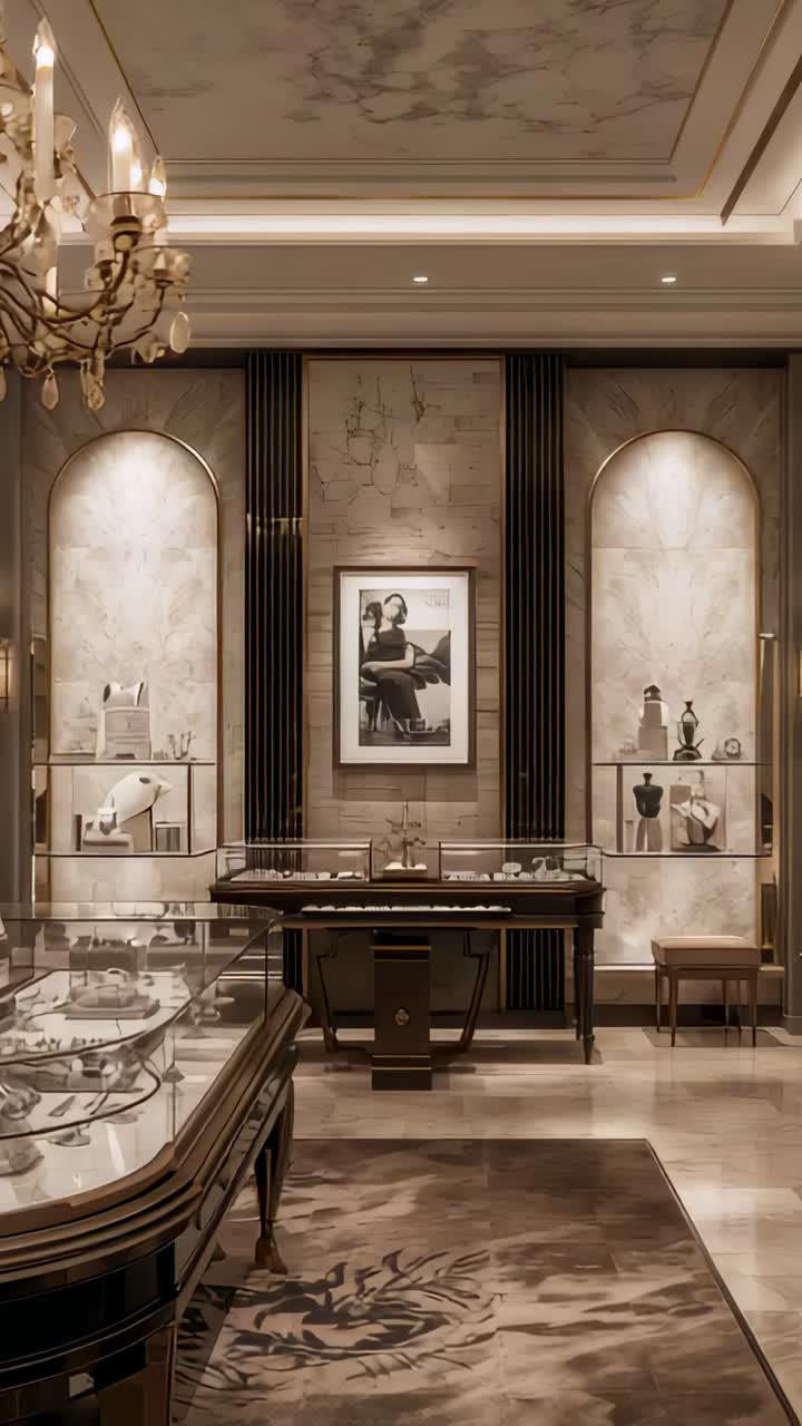 Vertical video: Zooming camera tightening view on center table and portrait to show jewelry at shop