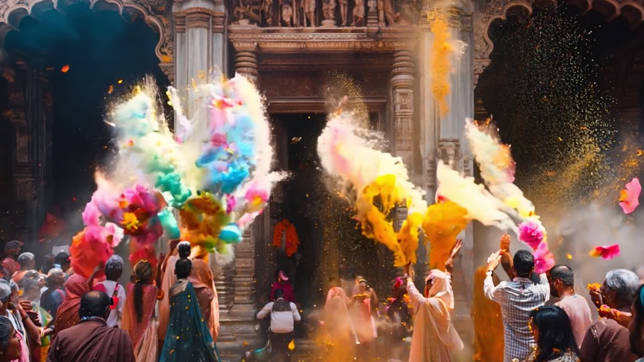 Vibrant Holi Festival Celebration with Colorful Powder Thrown in a Crowd