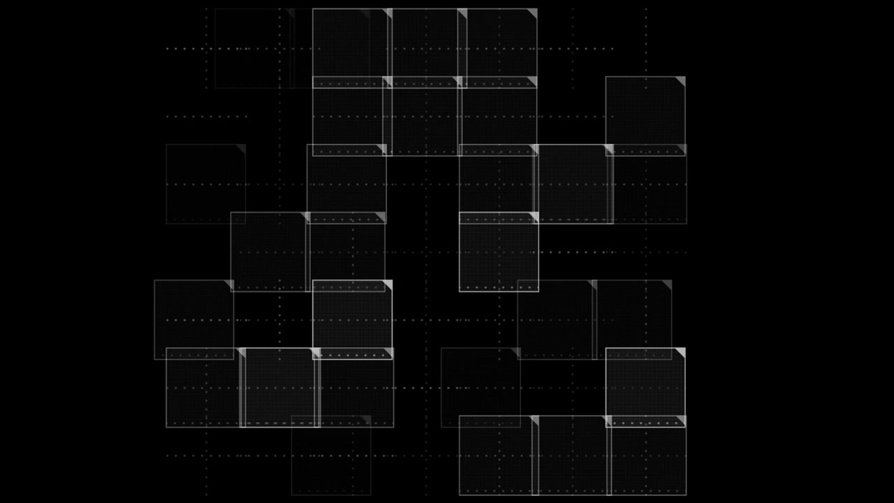 Abstract Digital Grid of Moving Squares on Black Background