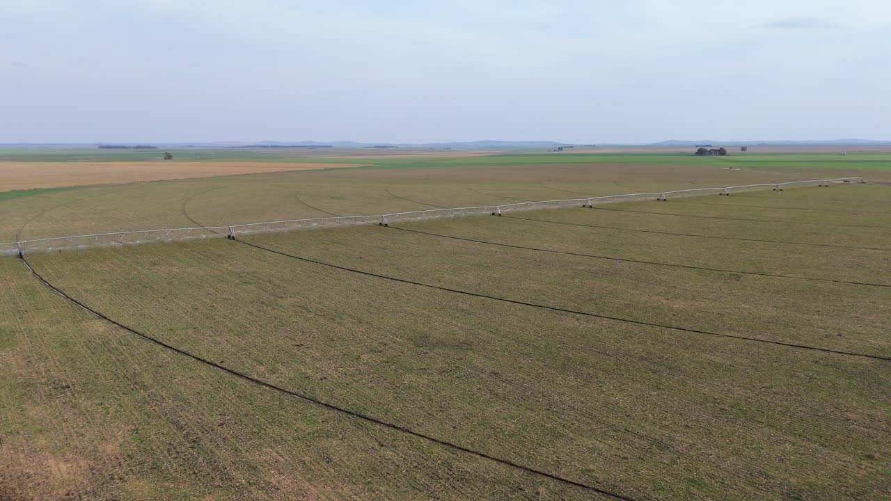 Wide aerial view of center pivot irrigation system actively irrigating extensive crop field.