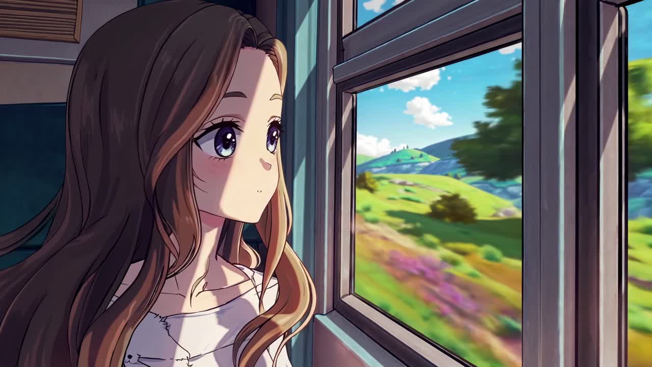Scena video in stile anime di una persona che guarda fuori dal finestrino di un treno un paesaggio vivace