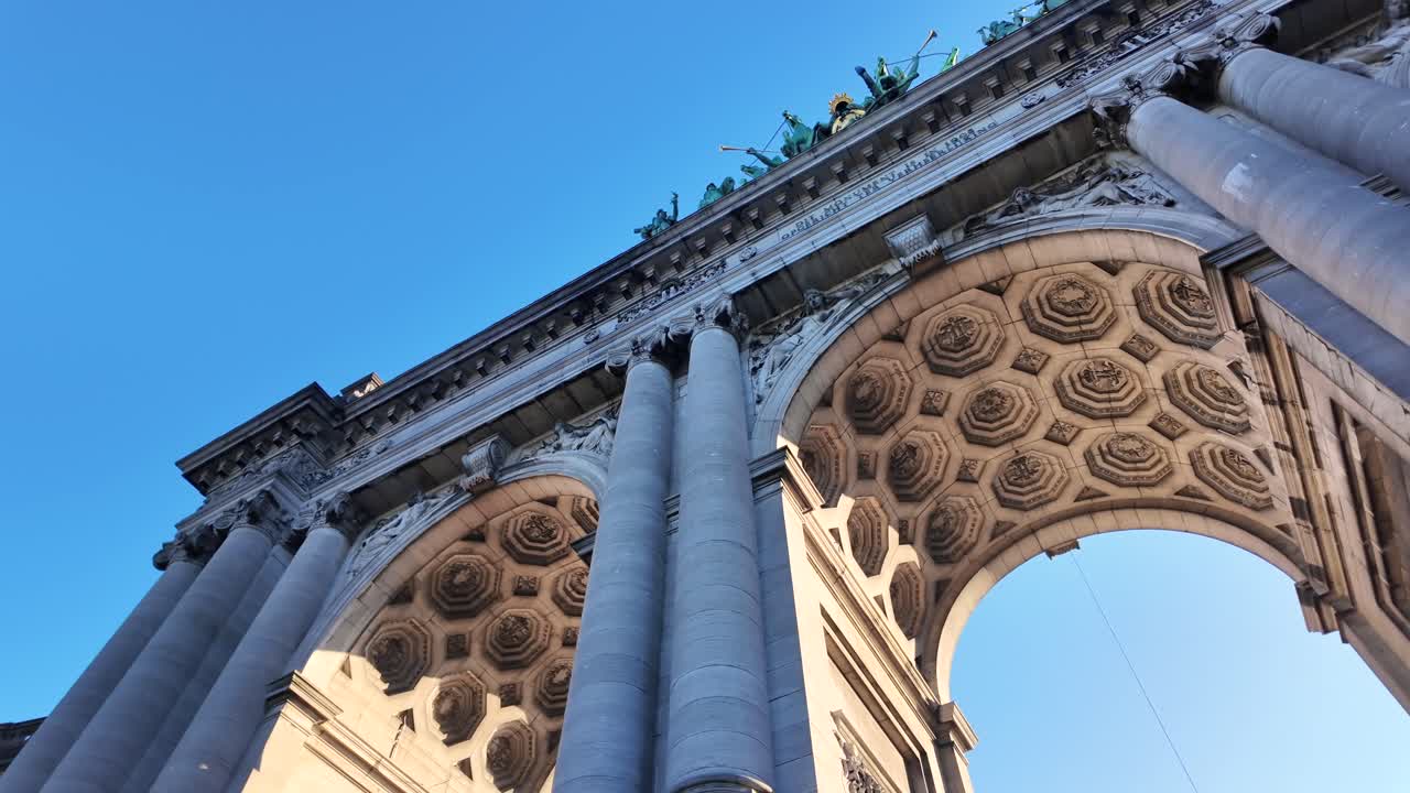 Slow-motion shot of Cinquantenaire Arch in Brussels, Belgium