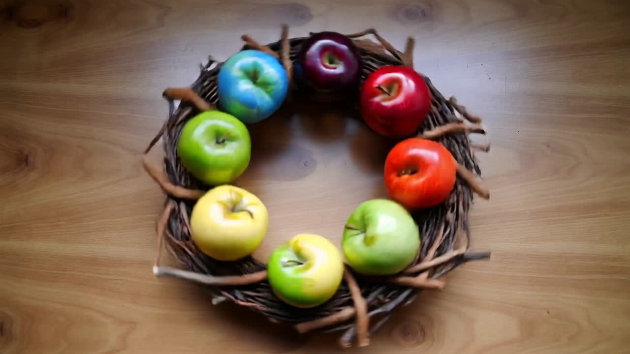 Zehn farbige Äpfel werden um einen runden Zweigkranz auf einem Holztisch verschoben, während die Bilder im Uhrzeigersinn vorrücken