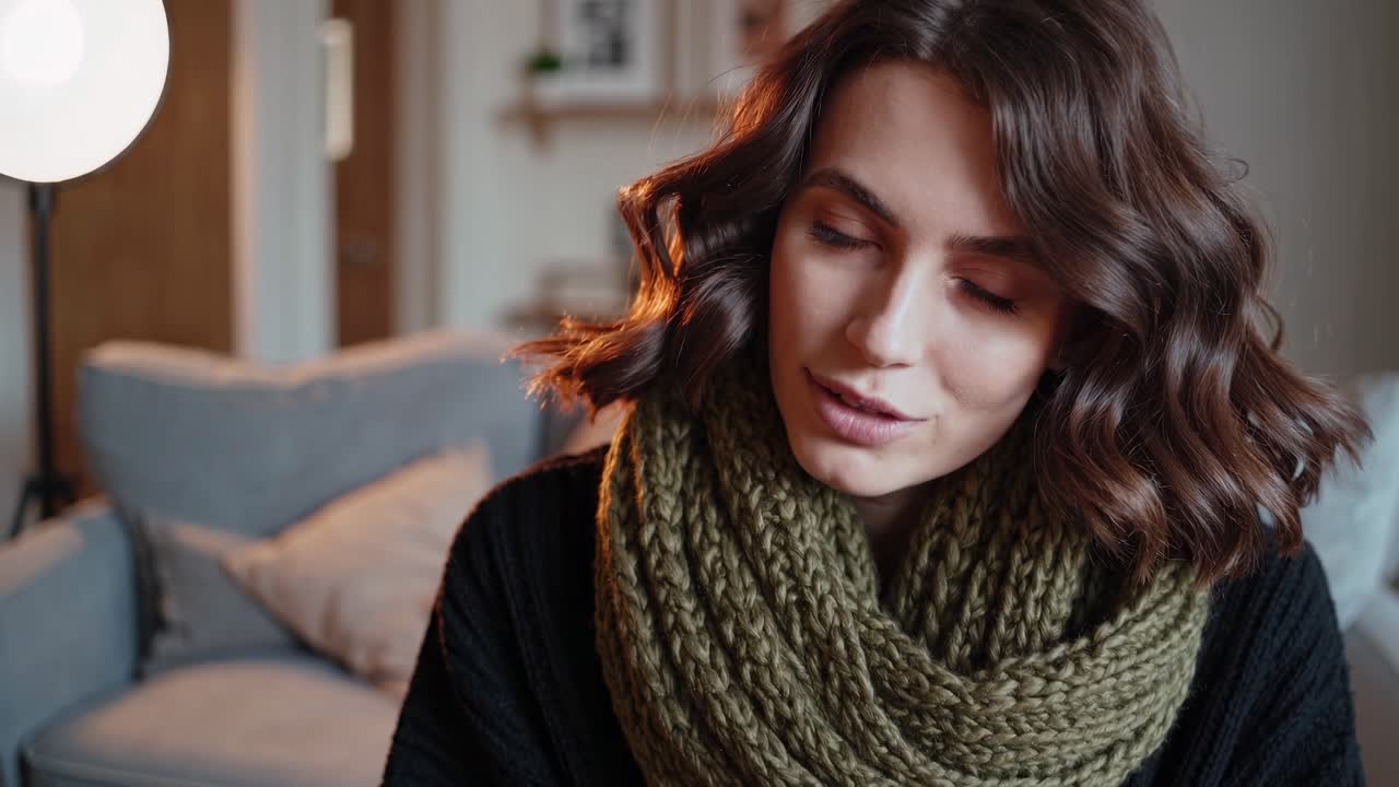 mujer con una bufanda verde en una acogedora sala de estar