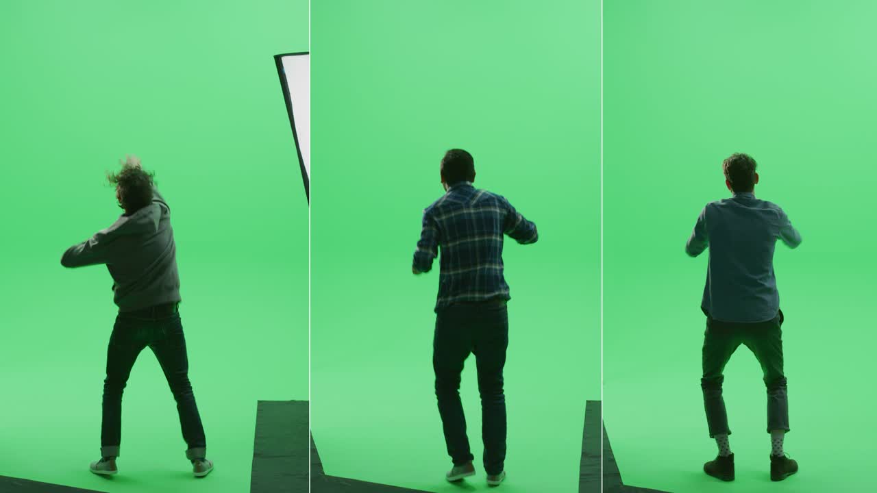 3 인 1 스플릿 그린 스크린 스튜디오: 다양한 민족의 세 명의 잘생긴 남자들이 스포츠 이벤트, 콘서트, 페스티벌, 파티에서 승리를 축하하고 박수를 치고 축하합니다.