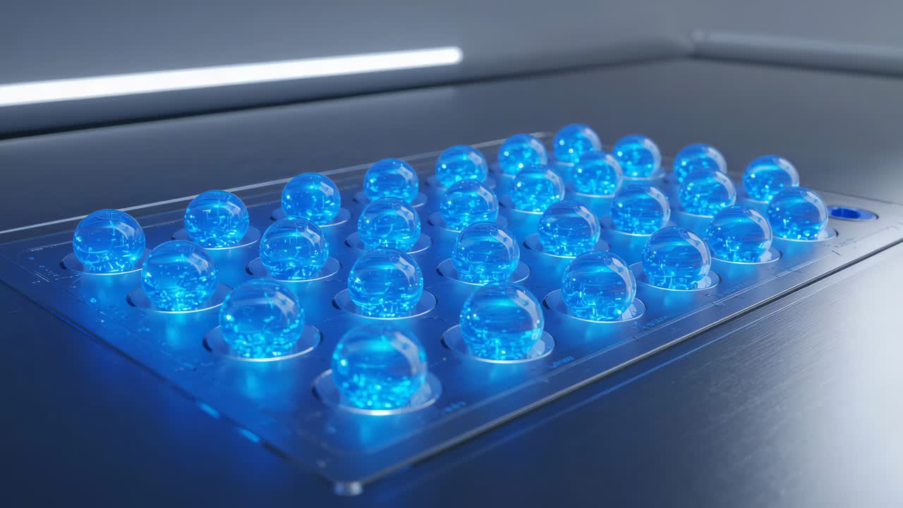 Glowing capsules shifting blue to gold on lab benchtop, control port signaling state change