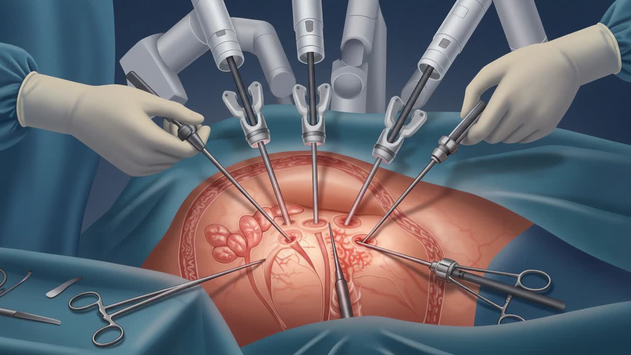 Surgical Procedure Featuring Robotic-Assisted Technology, Highlighting Precision Instruments and Techniques in Minimally Invasive Surgery on a Patient's Abdomen