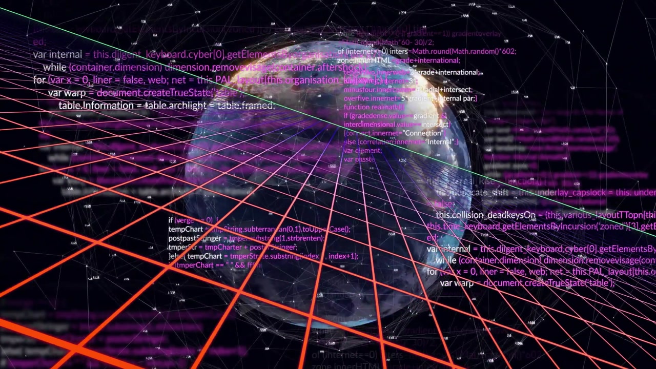 Earth globe rotating, magenta and white code floating over neon red grid and green diagonal line