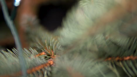 the tiny leaves of a christmas tree with hanging decorations in a house - slow motion