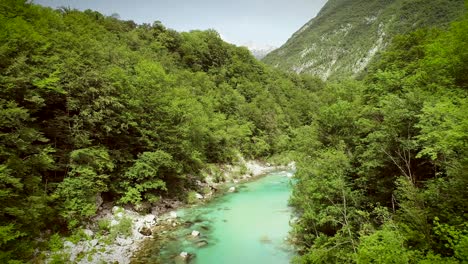 vista aérea del río soca rodeado de naturaleza en verano en eslovenia.