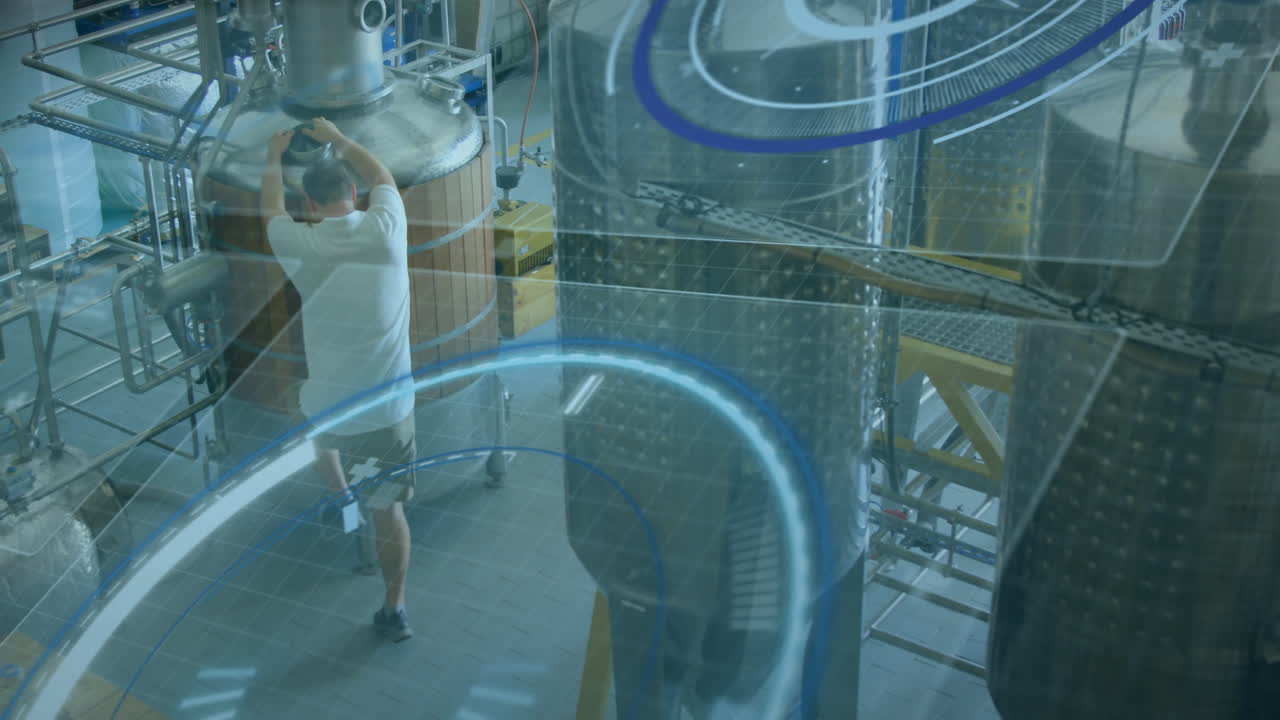 Circular data processing animation over man using futuristic technology for brewing process