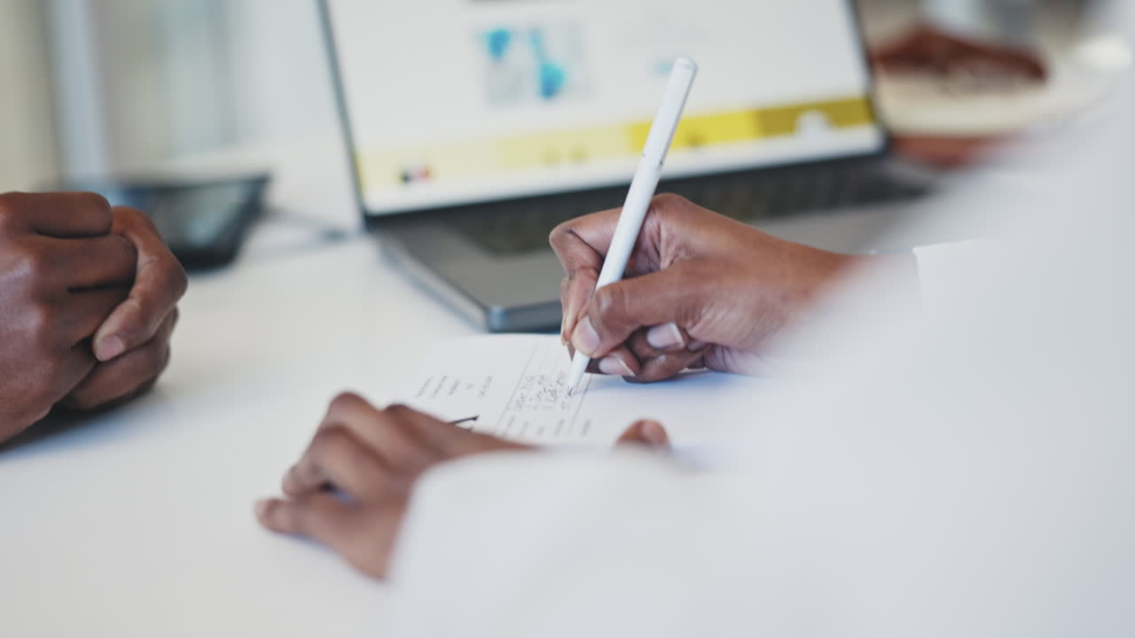 Doctor, patient and hands writing in life