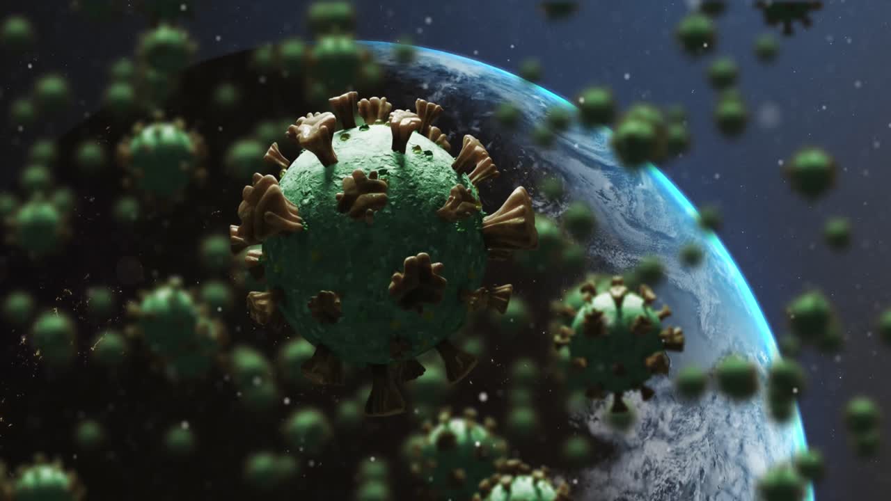 Animazione di cellule Covid-19 che si diffondono su un globo rotante.