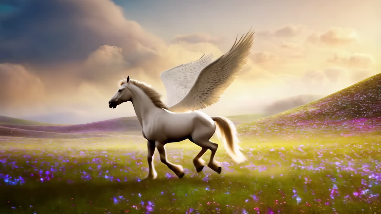 A majestic Pegasus trots through a vibrant, flower-filled meadow at sunset