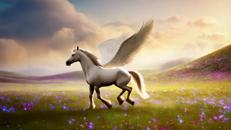 a majestic pegasus trots through a vibrant, flower-filled meadow at sunset