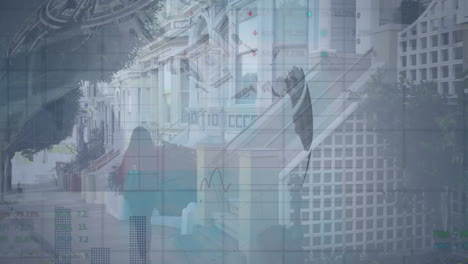animation of globe made of dollar bills and graphs over woman walking on road by buildings