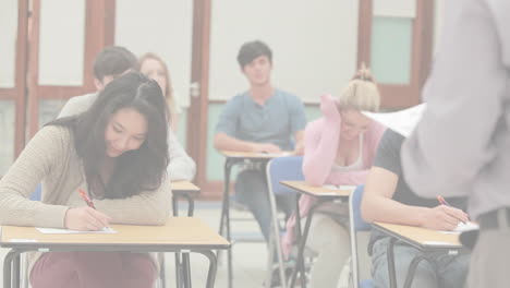 animation of light background over diverse students during exam