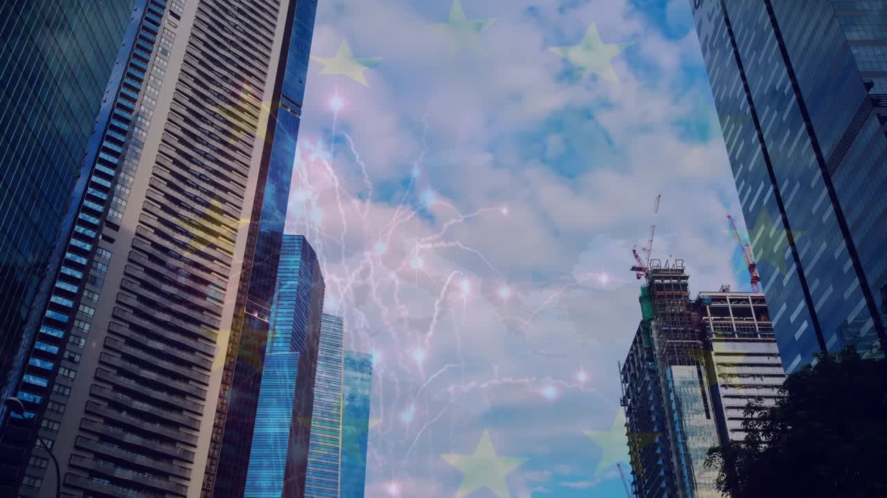 Animazione di una rete di connessioni con statistiche su un paesaggio urbano