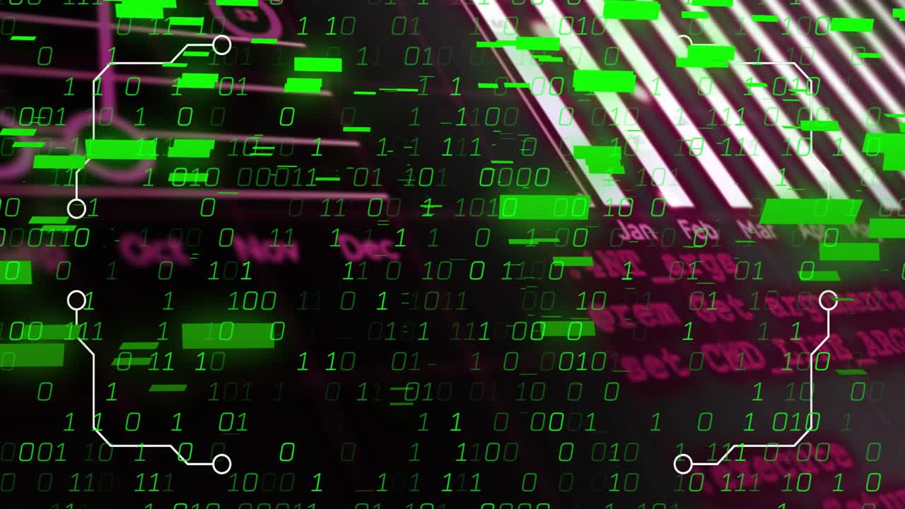 Green binary code blocks floating across interface, connecting circuit lines and bar chart