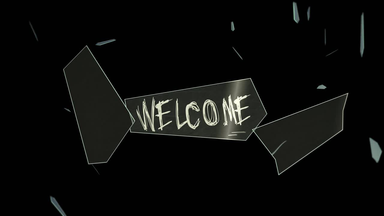 текст: приветствие - осколки стекла летят в нашу сторону после взрыва - моушн-дизайн - включая: безтекстовую версию и трекинговый мат - 4k