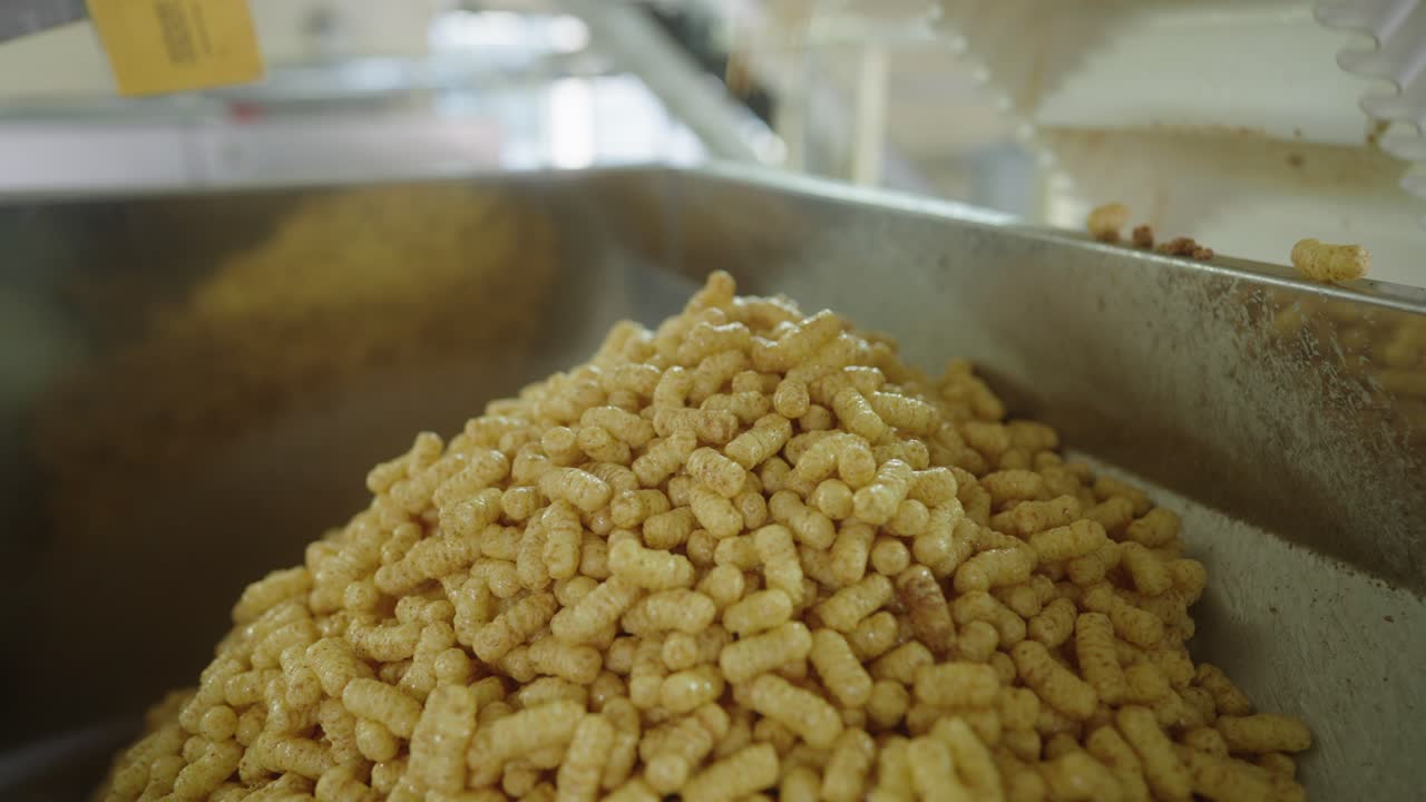 Primo piano di snack soffiati alle arachidi che si accumulano su un nastro trasportatore in una fabbrica alimentare. Processo di produzione industriale di snack e linea di produzione per prodotti alimentari confezionati.