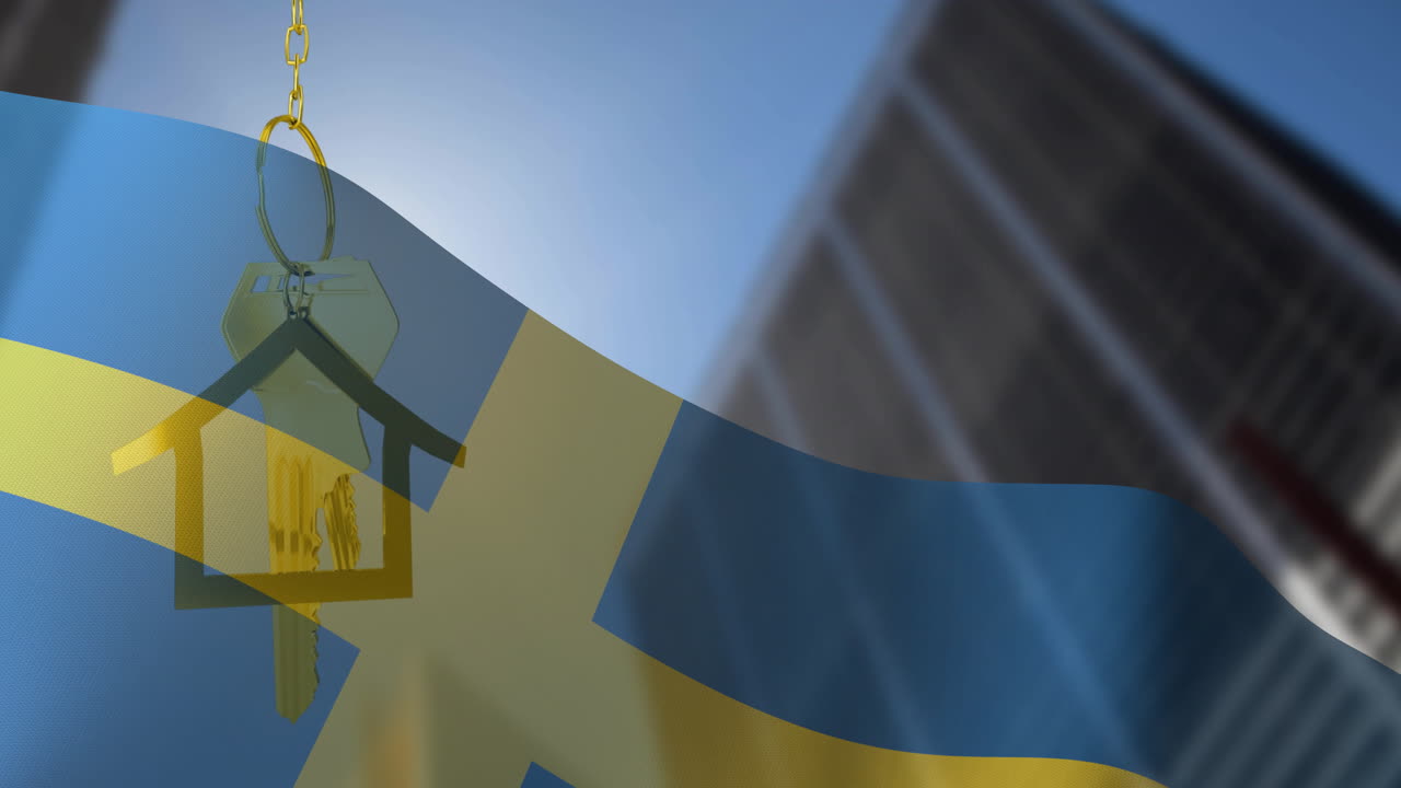 Animation of silver house key over flag of sweden and building