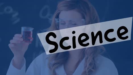 animation of science text over caucasian female scientist in lab