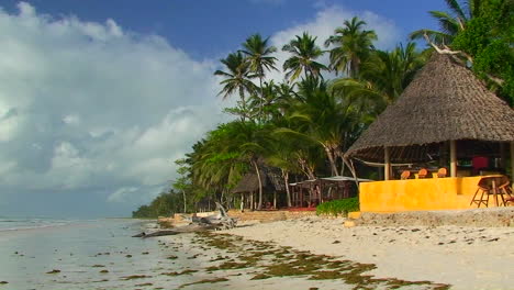 A-person-walks-on-a-palm-tree-lined-beach-in-front-of-tiki-huts