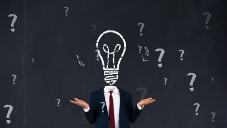 Animation-of-lightbulb-with-caucasian-businessman-over-question-marks-on-black-background