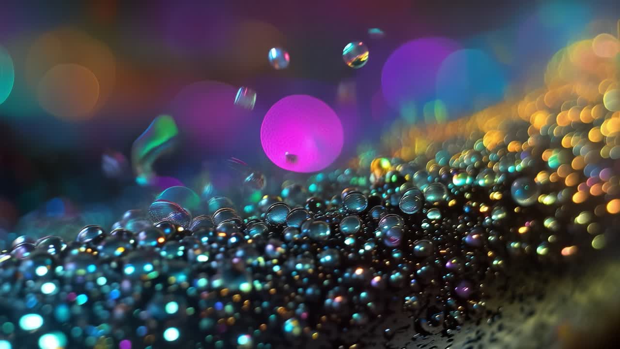 Skinnende perler fanger farverigt, sløret baggrundslys. Buet overflade glitrer med skiftende iriserende nuancer. Nærbillede afslører dybden og teksturen af blankt, perlebesat materiale.