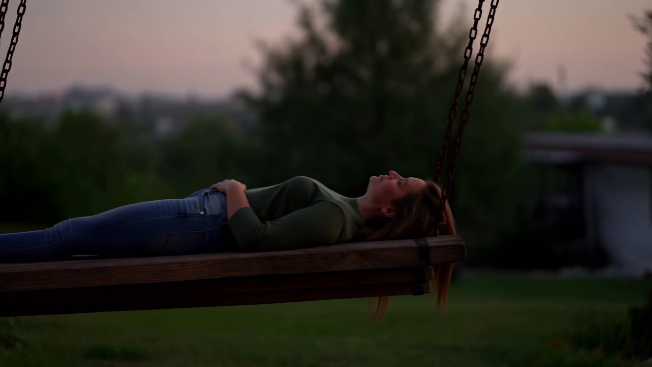 Caucasian Woman Lying On Wooden Swing At Dusk In Backyard Park, Wearing Jeans And Green Top, Barefoot, Slow