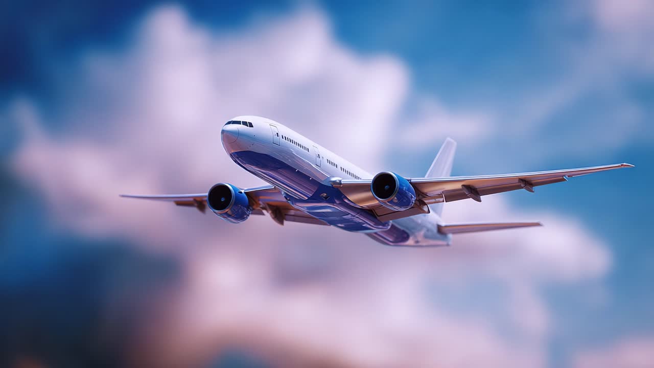 Un maestoso aeroplano che solca il cielo tra soffici nuvole, mettendo in mostra il suo design aerodinamico e i colori vivaci in una giornata di viaggio luminosa e limpida