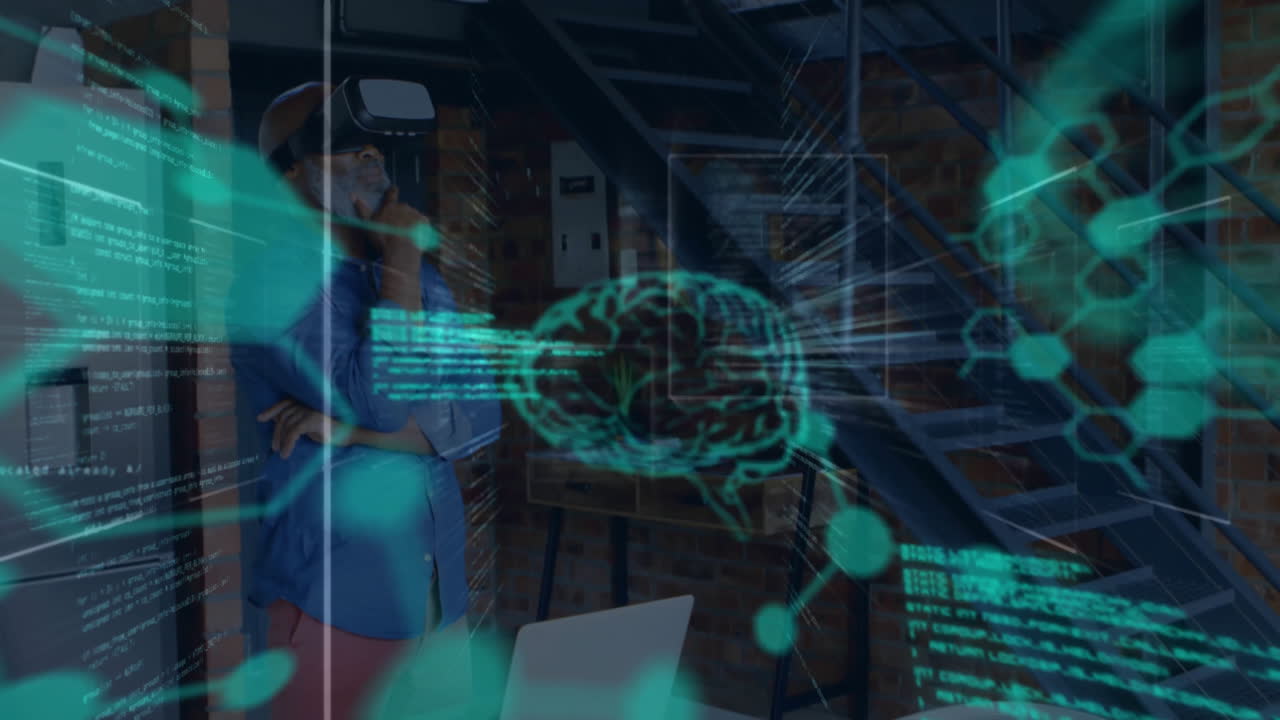 Animation of data processing and digital brain over african american businessman using vr headset