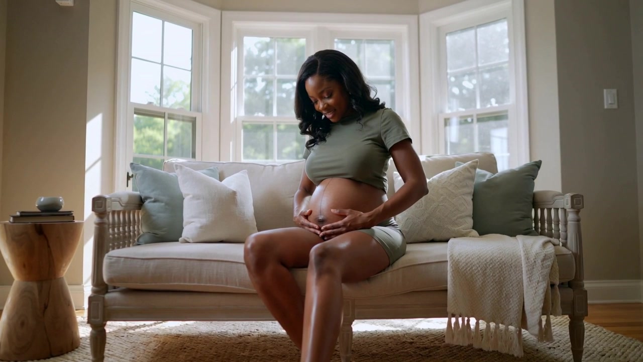 Looking down pregnant woman wearing cropped top smoothing, cradling belly for baby on sofa at home