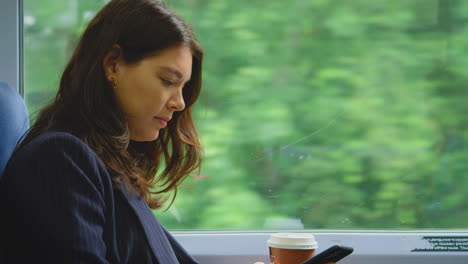 mujer de negocios con café para llevar que viaja a trabajar en el tren mirando el teléfono móvil