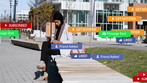 sitting on bench, person surrounded by animation of social media notifications