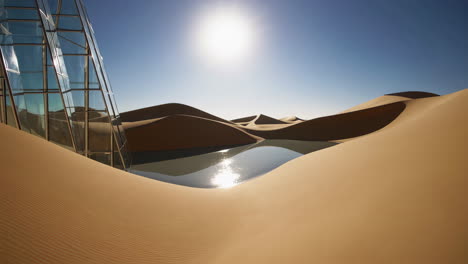 modern architecture and oasis in a desert landscape