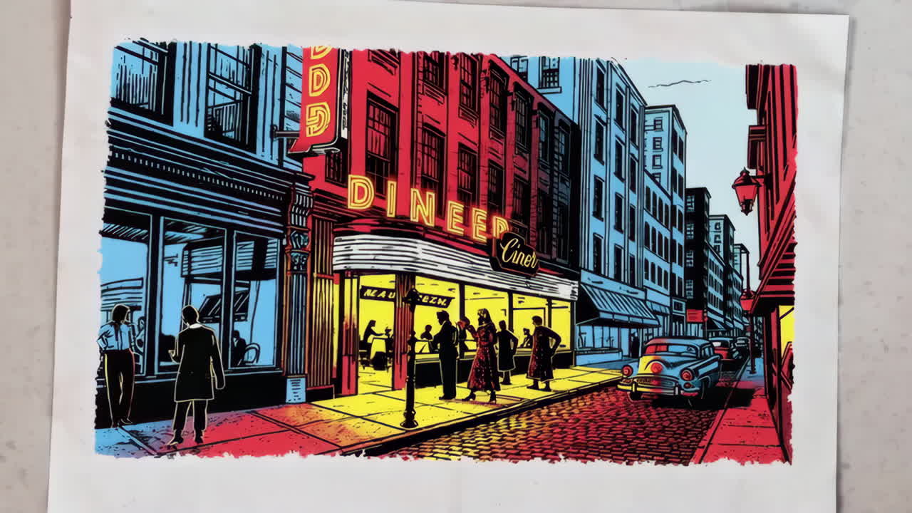 Vibrant Illustrated Diner Street Scene at Night