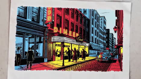 vibrant illustrated diner street scene at night