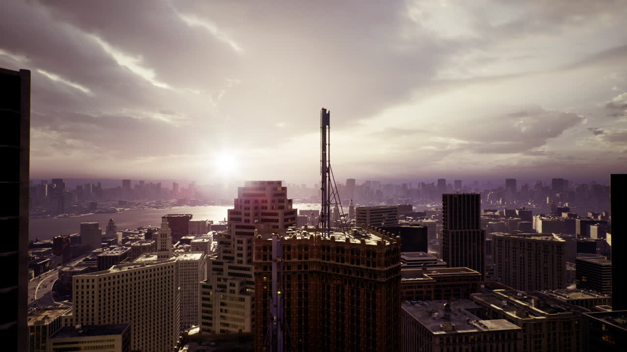 Dusk bathes cityscape with amber hues and architectural shadows