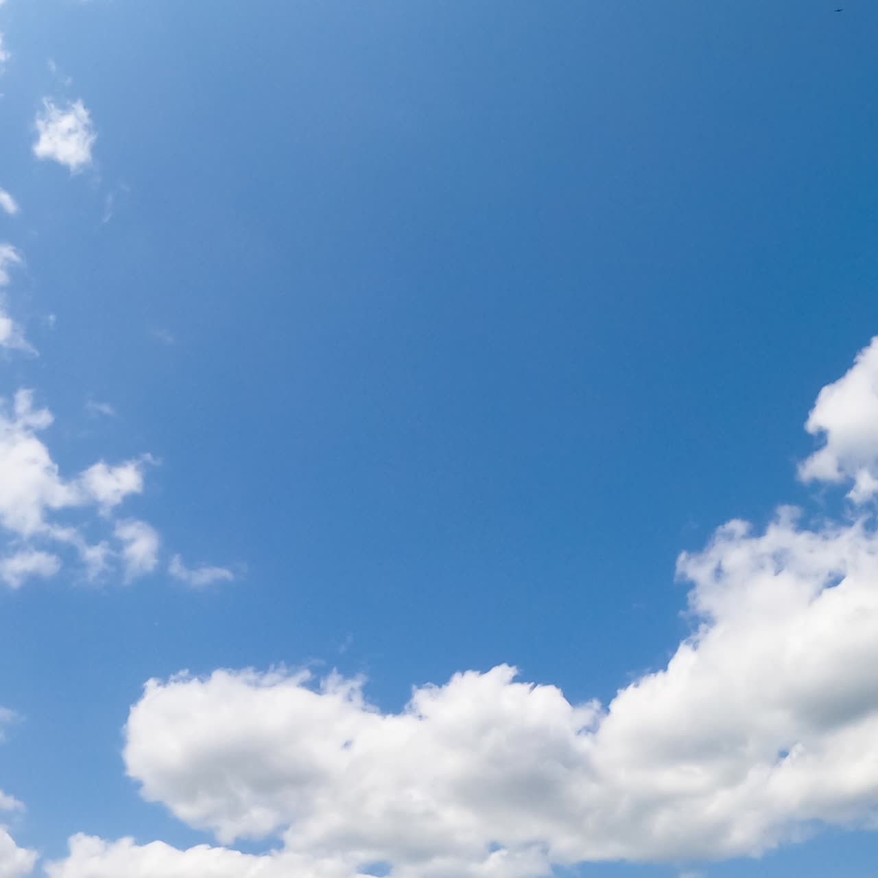 Changing shape cloudscape in the blue sky. Fluffy clouds float quickly by the horizon. Low angle view