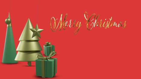 animación del texto de feliz navidad sobre decoraciones navideñas sobre fondo rojo.