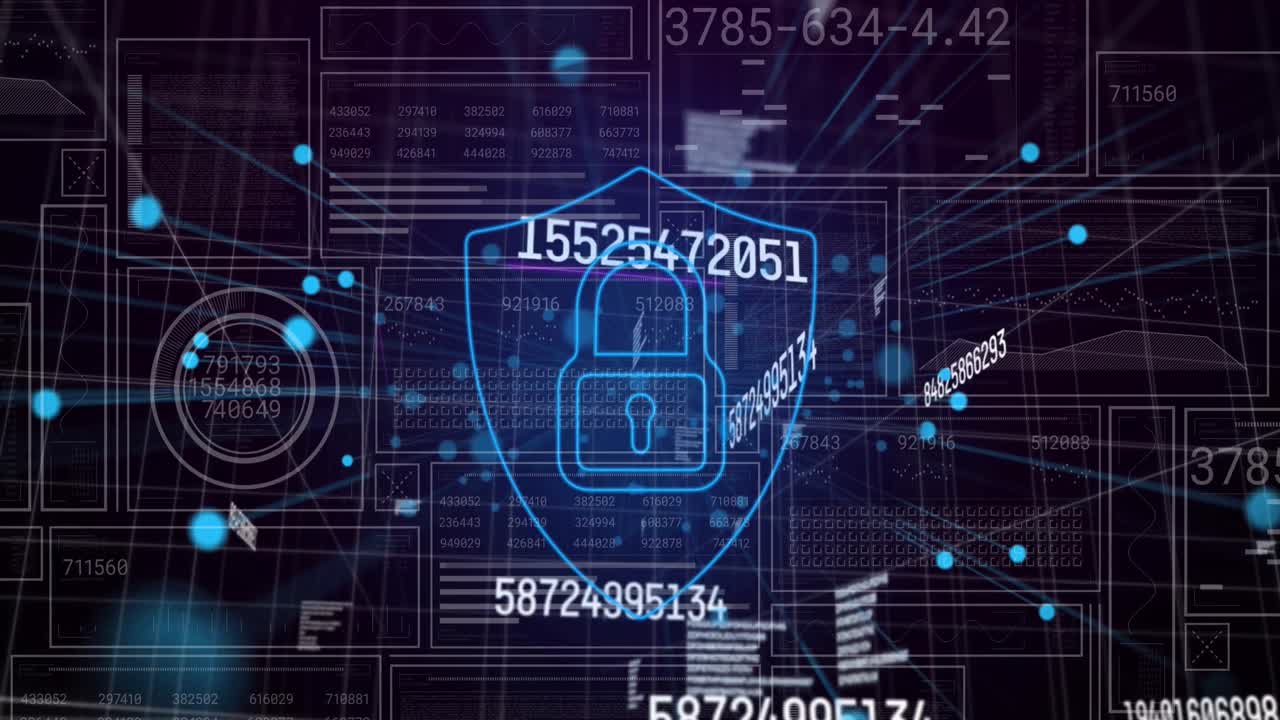 animación de números cambiantes e icono de candado de seguridad contra la interfaz con el procesamiento de datos