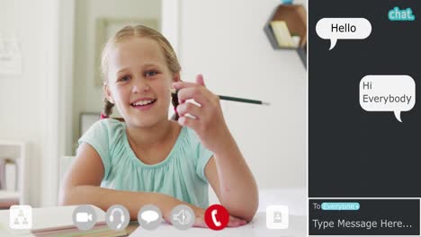 Animation-Der-Videoanrufschnittstelle-Mit-Einem-Lachenden-Mädchen-Im-Online-Schulunterricht-Und-Chatroom-Nachrichten