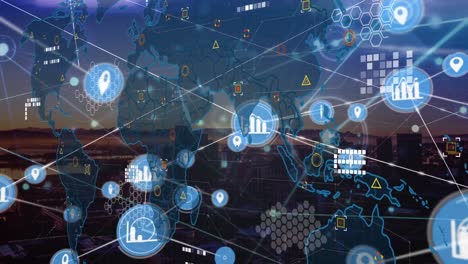 Animation-of-connections-over-world-map-and-cityscape-at-sunset