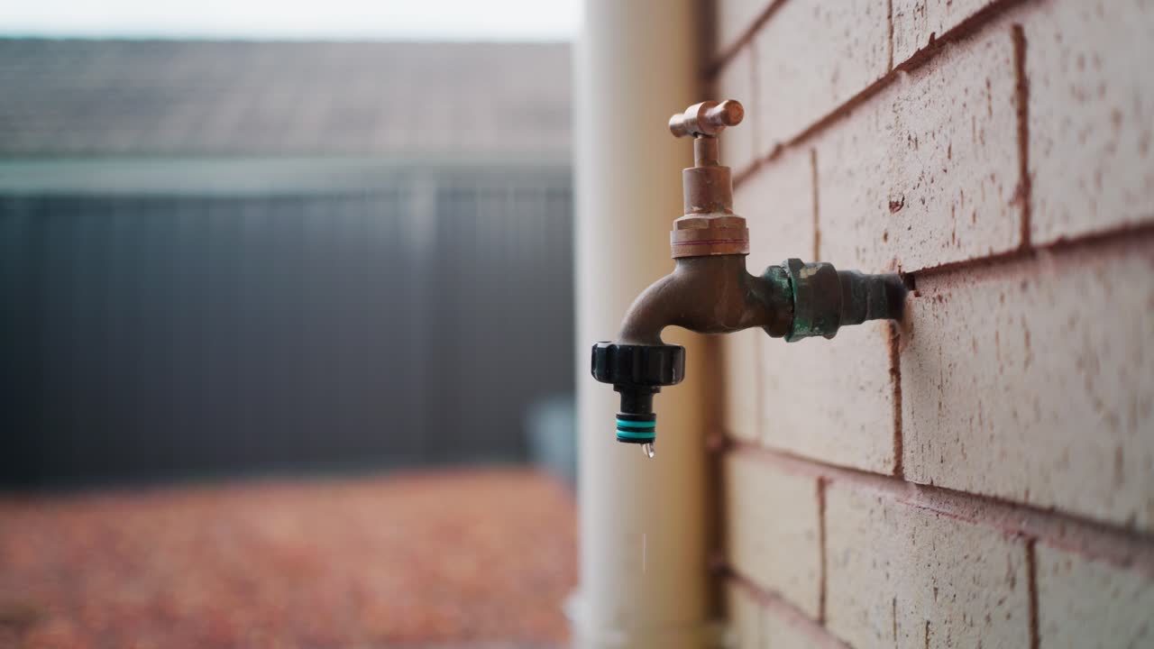 Primo piano di un rubinetto da giardino che perde su un muro di mattoni in un cortile suburbano, gocce d'acqua che si formano e gocciolano lentamente, luce naturale soffusa