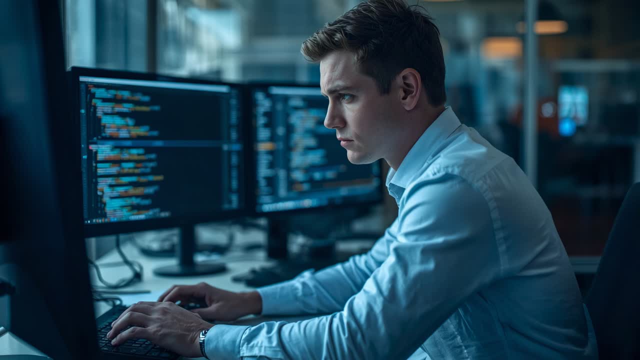 Entering office developer wearing shirt coding on dual monitors to debug software, copy space