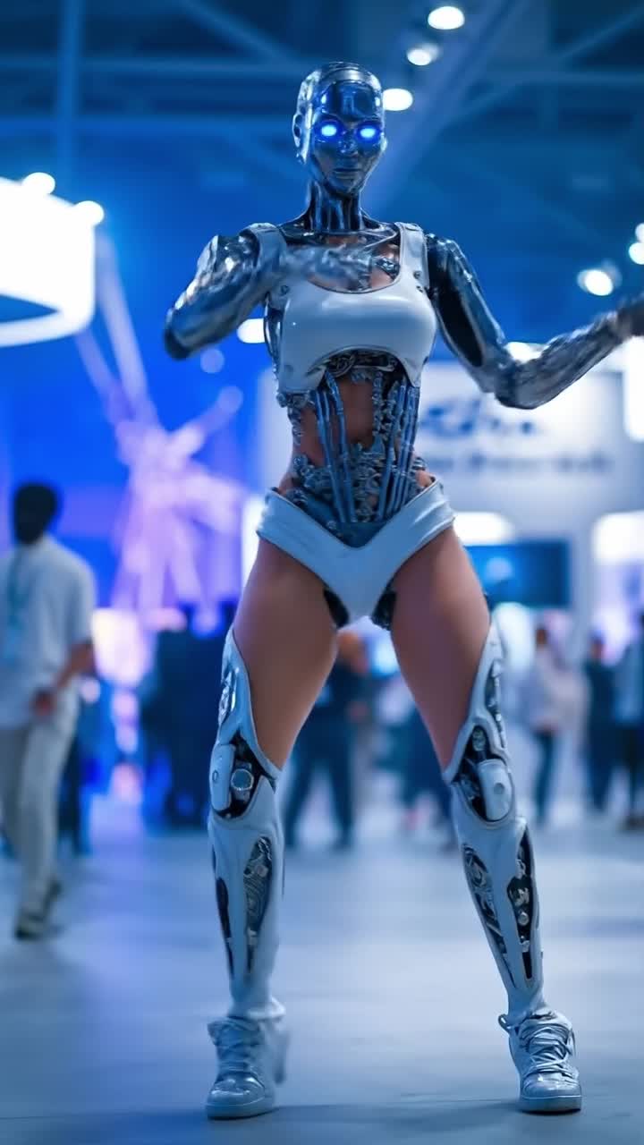 Detailed female humanoid robot with blue lights walking in technology showroom