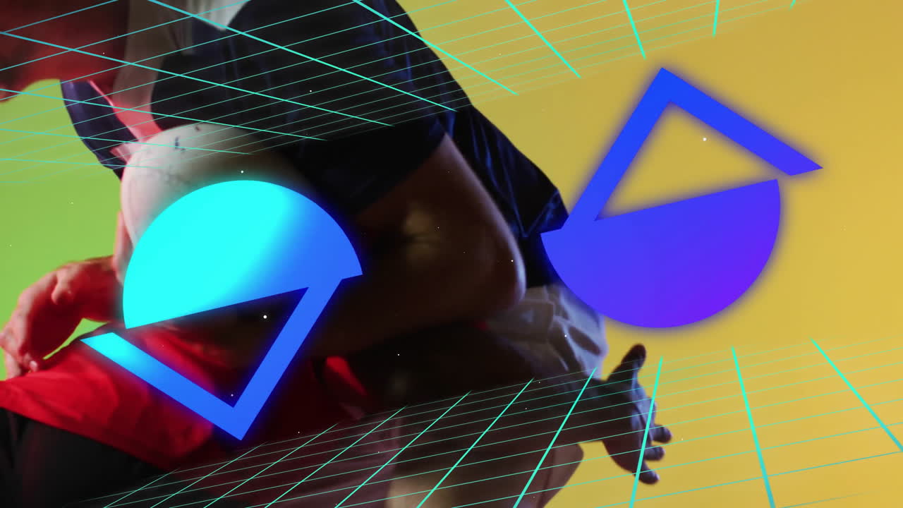 Geometric shapes animation overlaying people interacting on colorful background