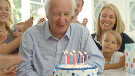 grandfather blows out candles on birthday cake shot, slow motion